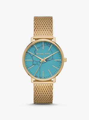 michael kors pyper gold-tone mesh and turquoise watch|Pyper Logo and Gold.